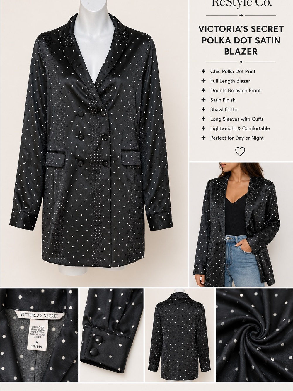 Victoria's Secret Black Polka Dot Satin Blazer